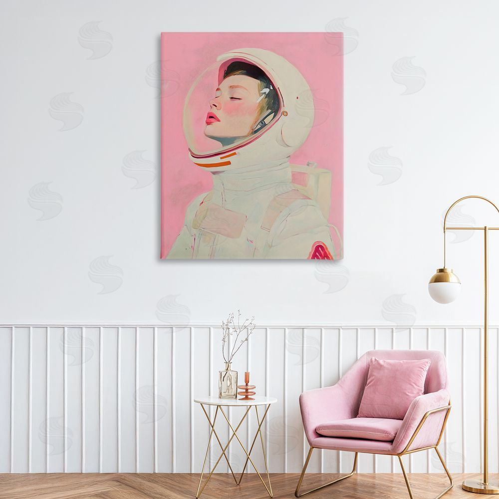 The Prints Vibe Pink Astronaut Girl Stretched Canvas Wall Art in Room