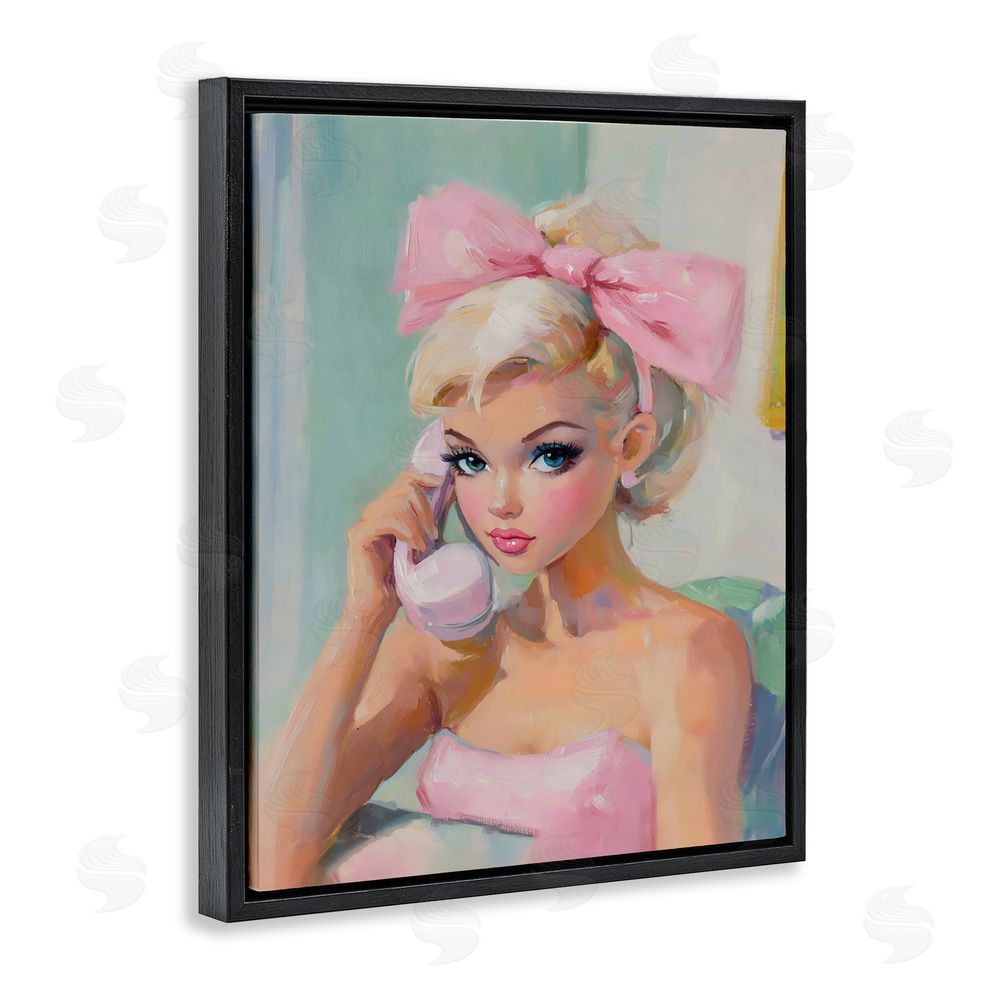 The Prints Vibe Blonde Girl with Pink Bow Black Floating Frame Stretched Canvas Wall Art Print