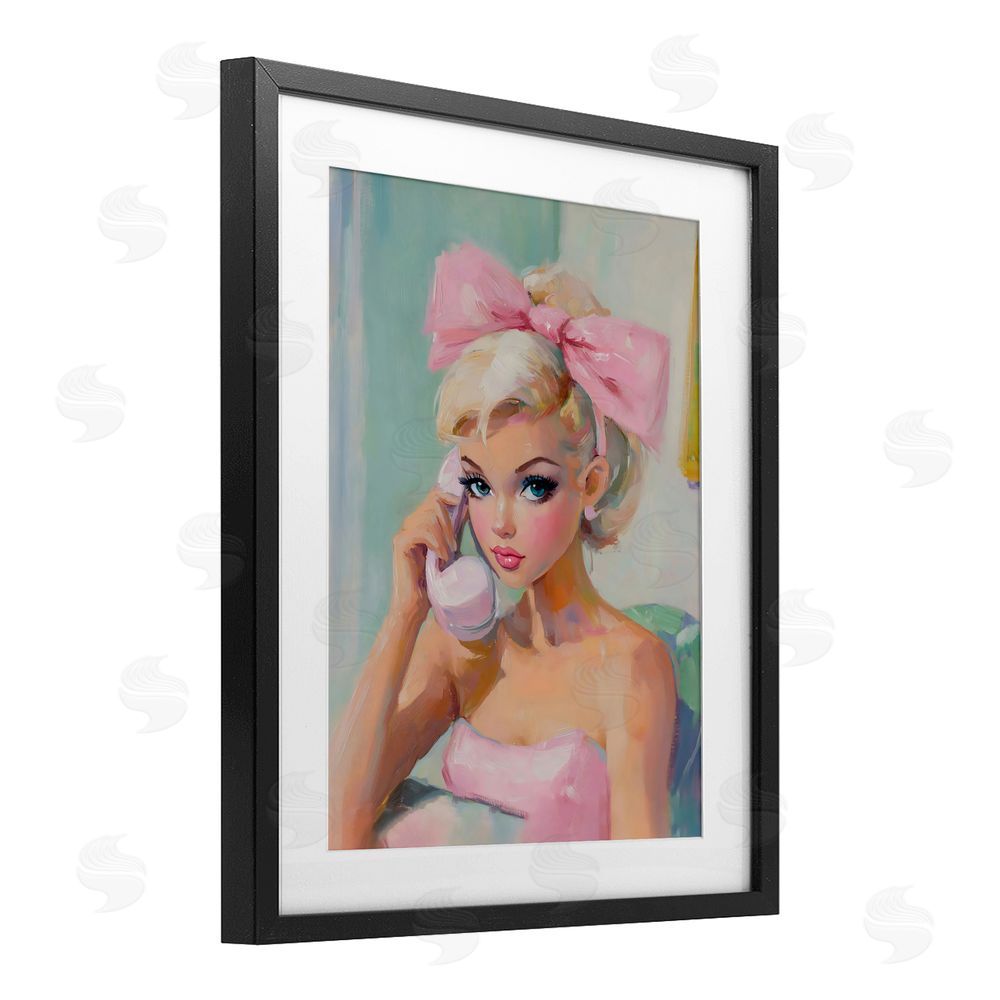 The Prints Vibe Blonde Girl with Pink Bow Black Framed Print Under Glass with Matting Wall Art