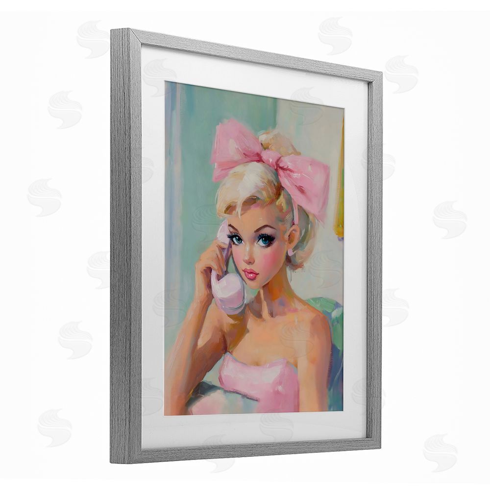 The Prints Vibe Blonde Girl with Pink Bow Gray Framed Print Under Glass with Matting Wall Art