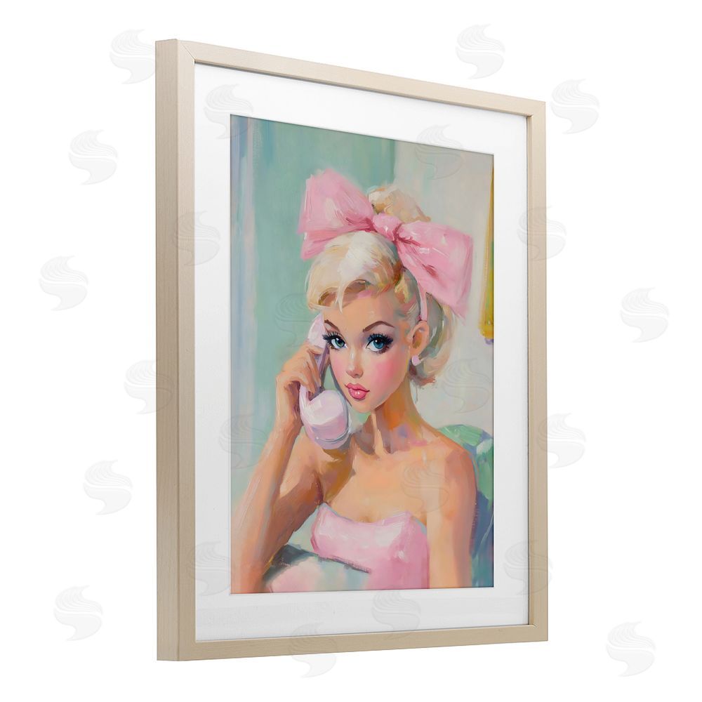 The Prints Vibe Blonde Girl with Pink Bow Brown Framed Print Under Glass with Matting Wall Art