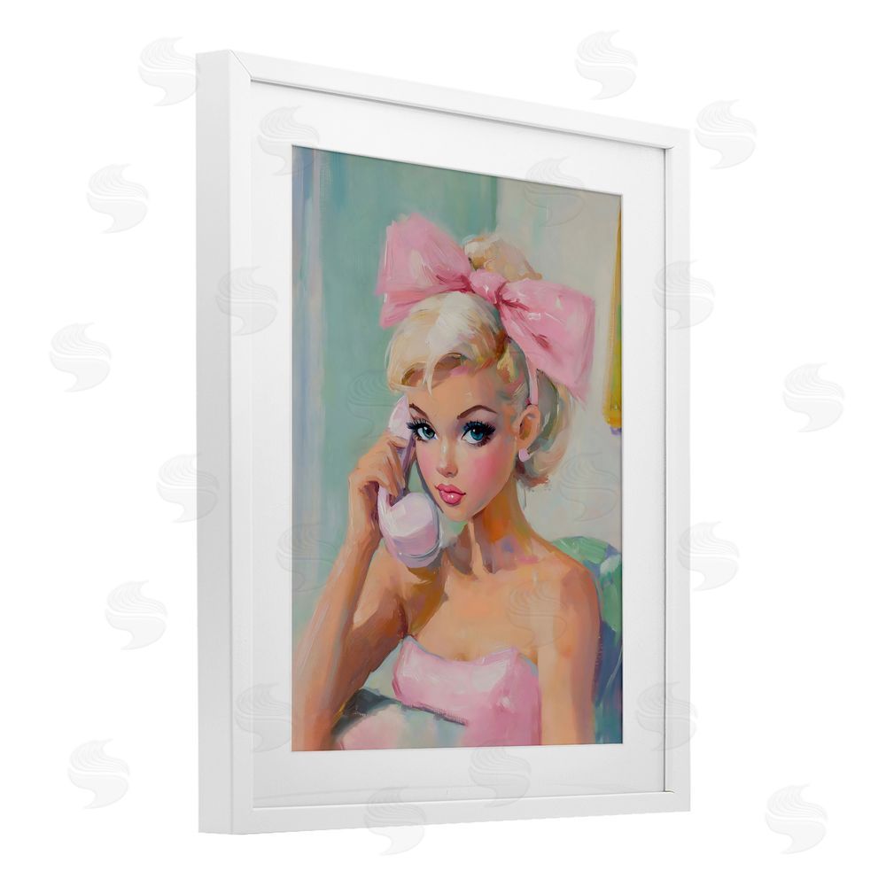 The Prints Vibe Blonde Girl with Pink Bow White Framed Print Under Glass with Matting Wall Art