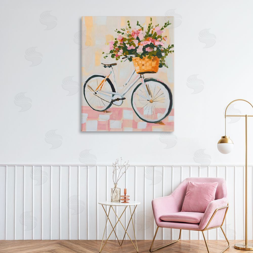 The Prints Vibe Blooming Bicycle Basket Stretched Canvas Wall Art Print in Room