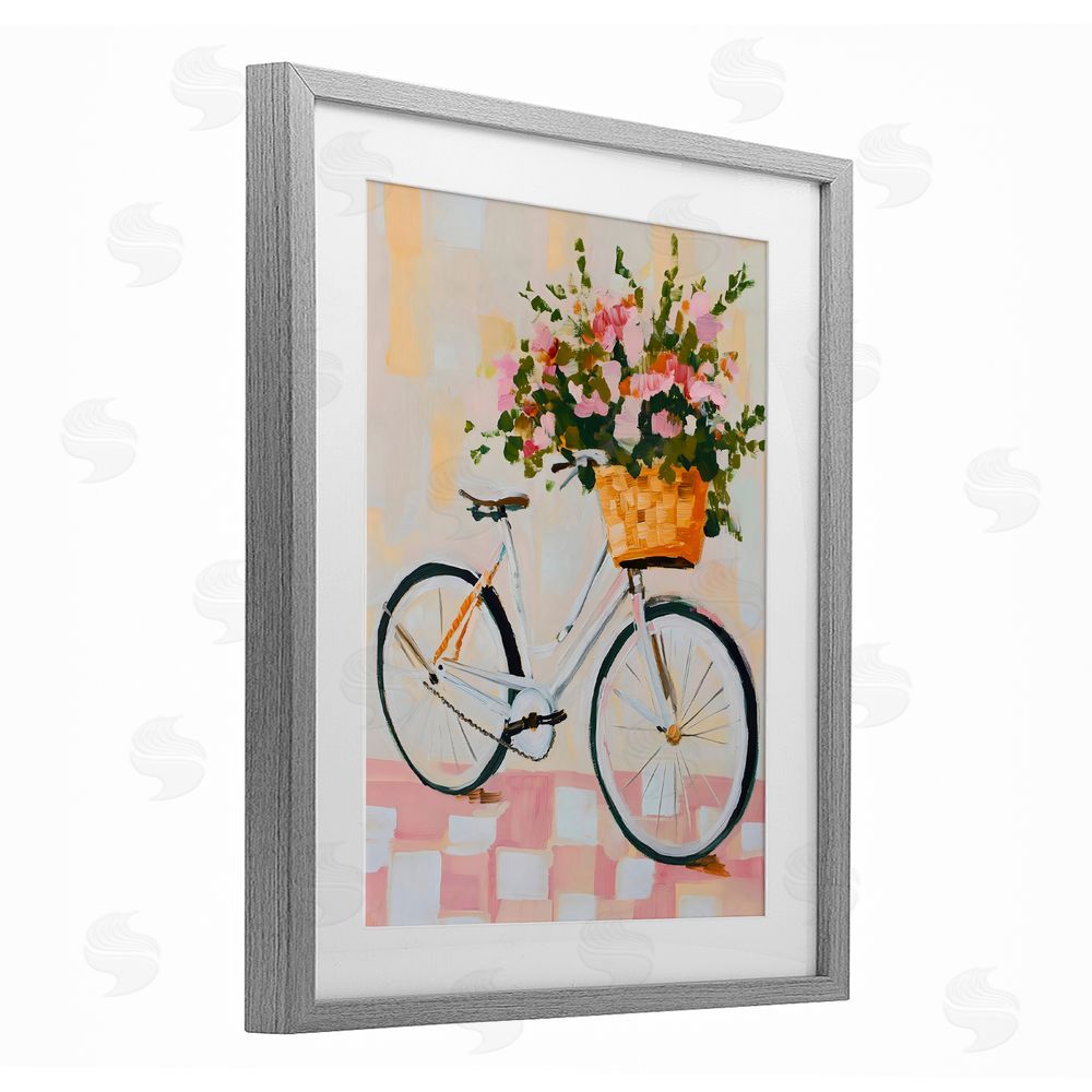 The Prints Vibe Blooming Bicycle Basket Gray Framed Print Under Glass with Matting Wall Art