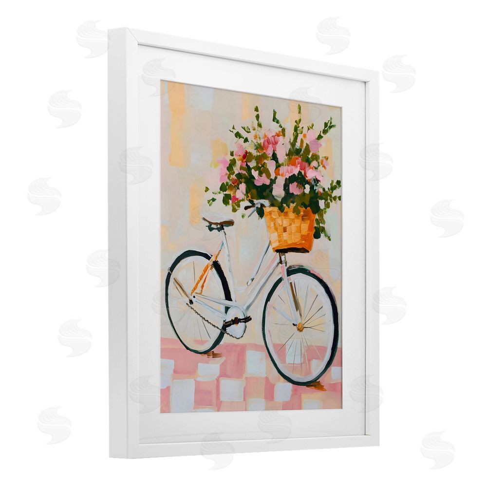 The Prints Vibe Blooming Bicycle Basket White Framed Print Under Glass with Matting Wall Art
