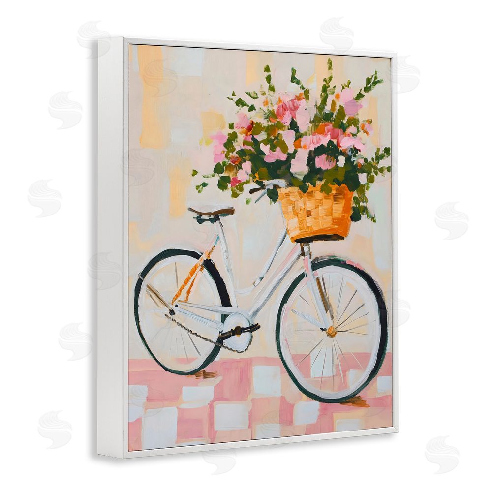 The Prints Vibe Blooming Bicycle Basket White Framed Giclee Wall Art Print