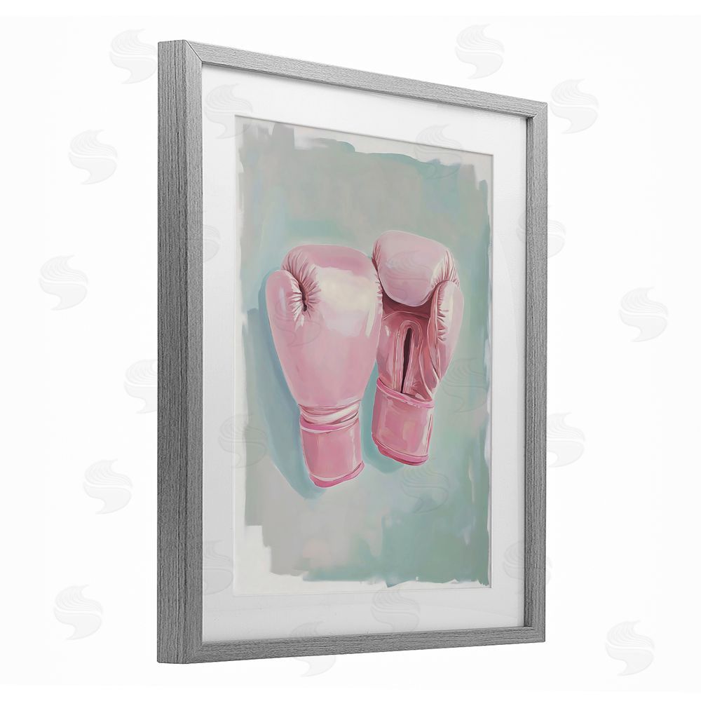 The Prints Vibe Feminine Pink Boxing Gloves Gray Framed Print Under Glass Wall Art