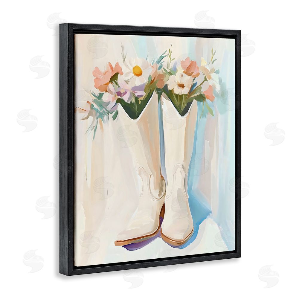 The Prints Vibe Floral White Cowgirl Boots Black Floating Framed Canvas Wall Art