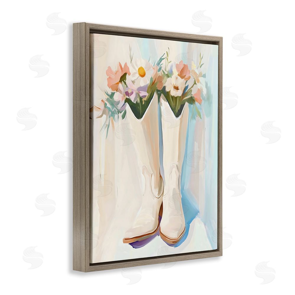 The Prints Vibe Floral White Cowgirl Boots Brown Floating Framed Canvas Wall Art