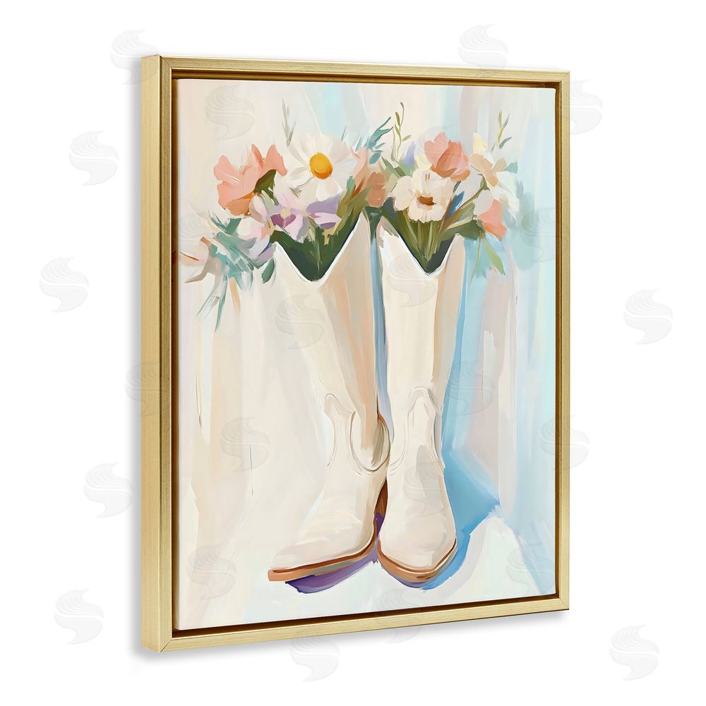 The Prints Vibe Floral White Cowgirl Boots Gold Floating Framed Canvas Wall Art