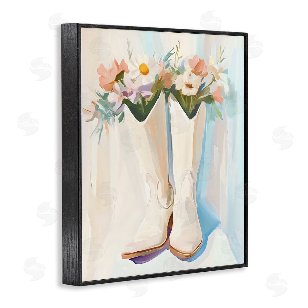 The Prints Vibe Floral White Cowgirl Boots Black Framed Giclee Wall Art