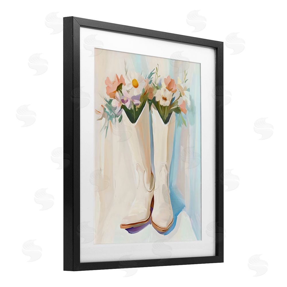 The Prints Vibe Floral White Cowgirl Boots Black Framed Print Under Glass Wall Art