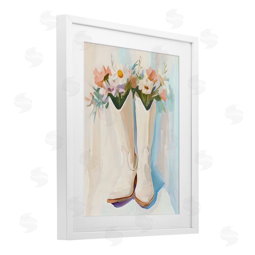 The Prints Vibe Floral White Cowgirl Boots White Framed Print Under Glass Wall Art