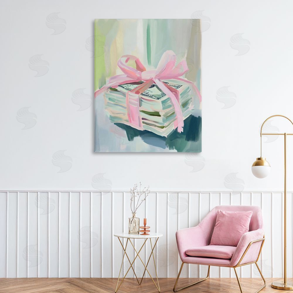 The Prints Vibe Pink Bow Cash Bundle Stretched Canvas Wall Art in Room