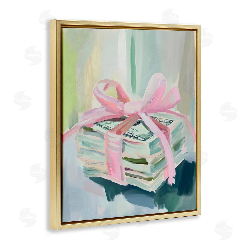 The Prints Vibe Pink Bow Cash Bundle Gold Floating Framed Canvas Wall Art