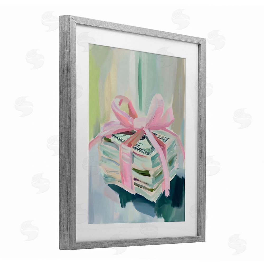 The Prints Vibe Pink Bow Cash Bundle Gray Framed Print Under Glass Wall Art