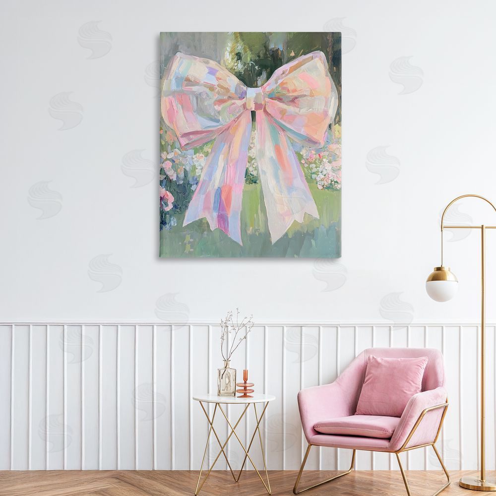 The Prints Vibe Iridescent Pink Bow in Garden Stretched Canvas Wall Art in Room