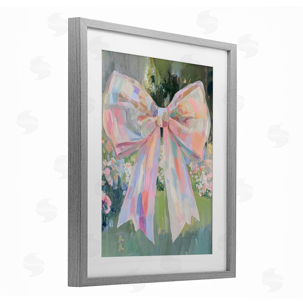 The Prints Vibe Iridescent Pink Bow in Garden Gray Framed Print Under Glass Wall Art