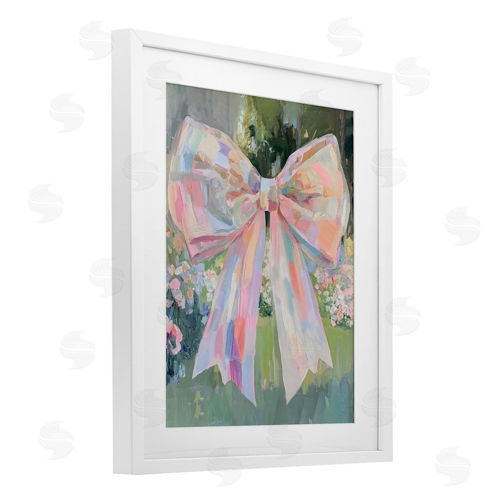 The Prints Vibe Iridescent Pink Bow in Garden White Framed Print Under Glass Wall Art