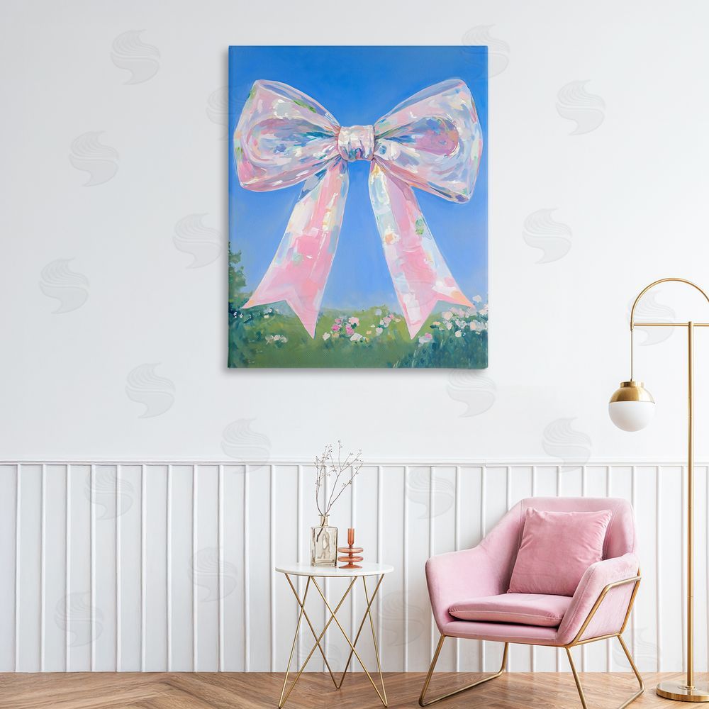The Prints Vibe Iridescent Pink Bow in Meadow Stretched Canvas Wall Art in Room