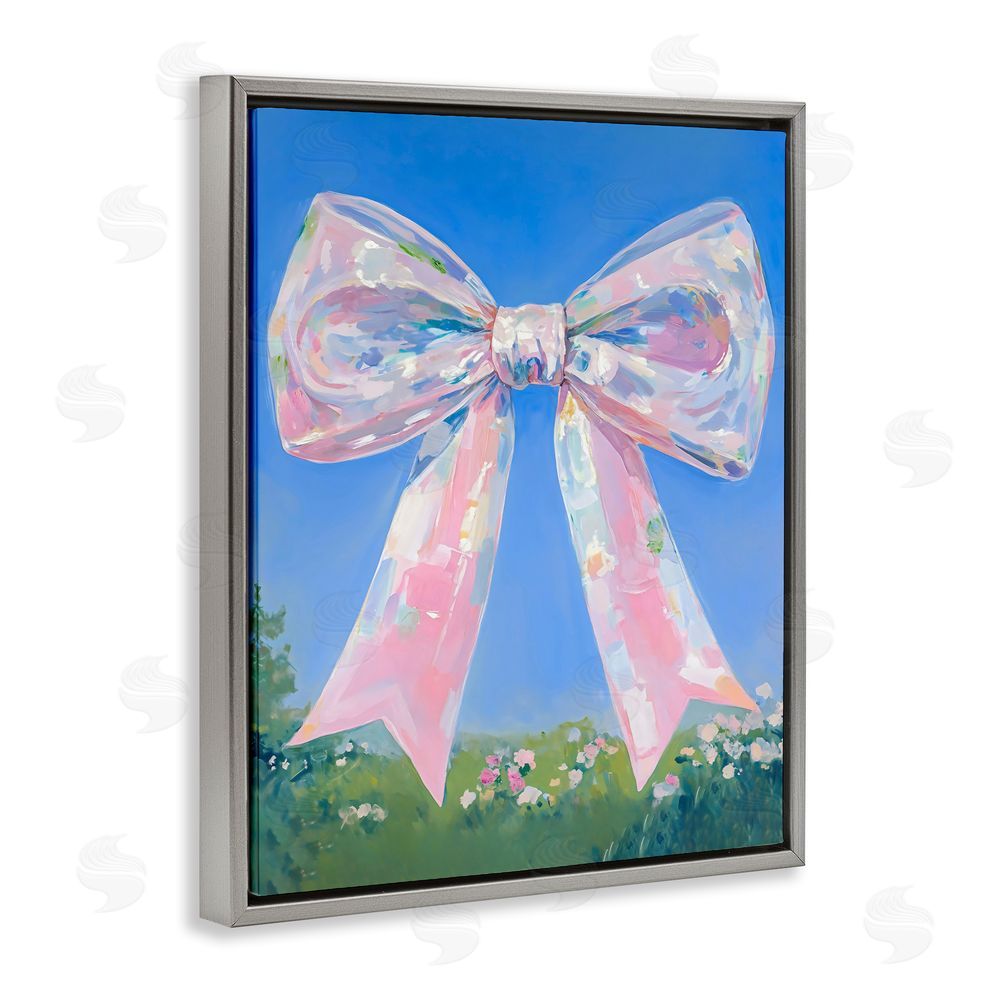 The Prints Vibe Iridescent Pink Bow in Meadow Gray Floating Framed Canvas Wall Art