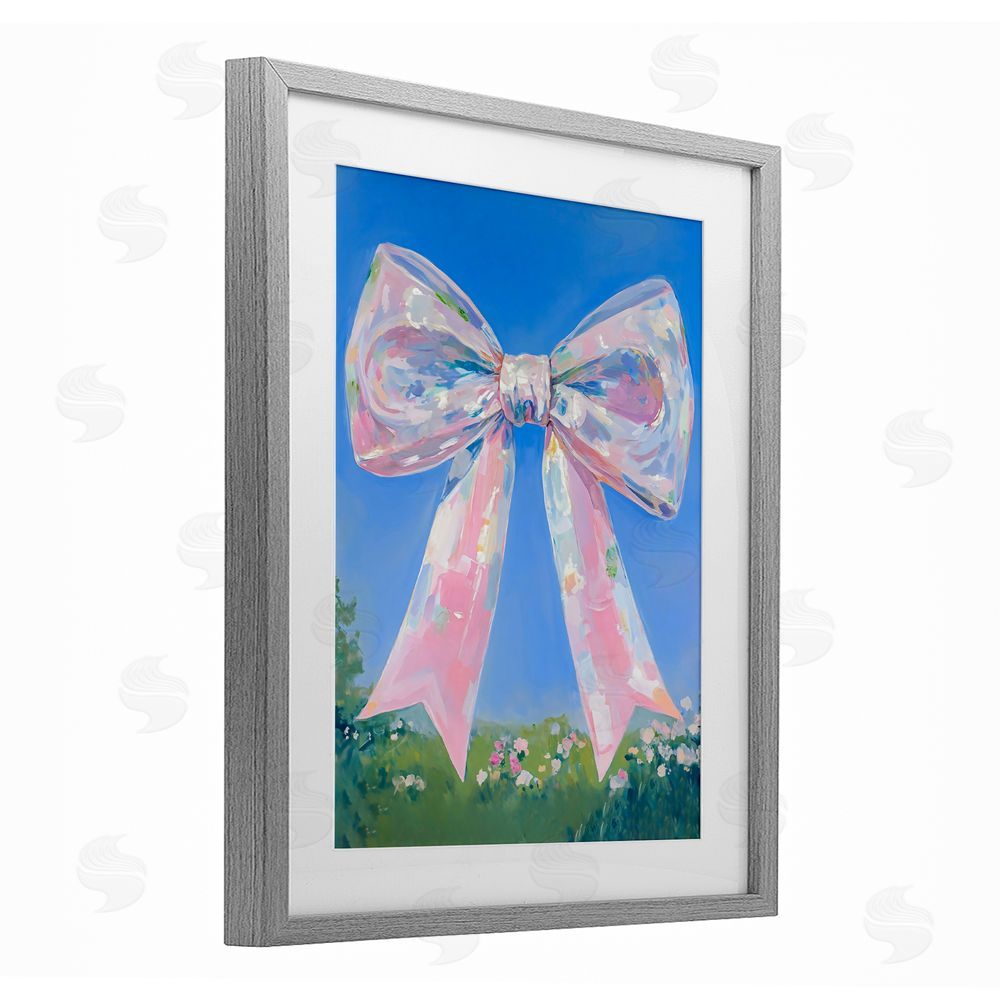 The Prints Vibe Iridescent Pink Bow in Meadow Gray Framed Print Under Glass Wall Art