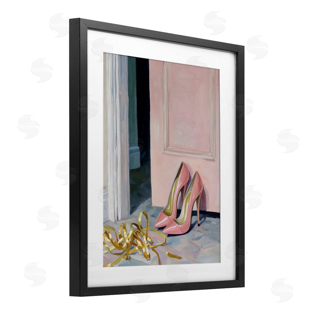 The Prints Vibe Pink High Heels & Tinsel Black Framed Print Under Glass Wall Art