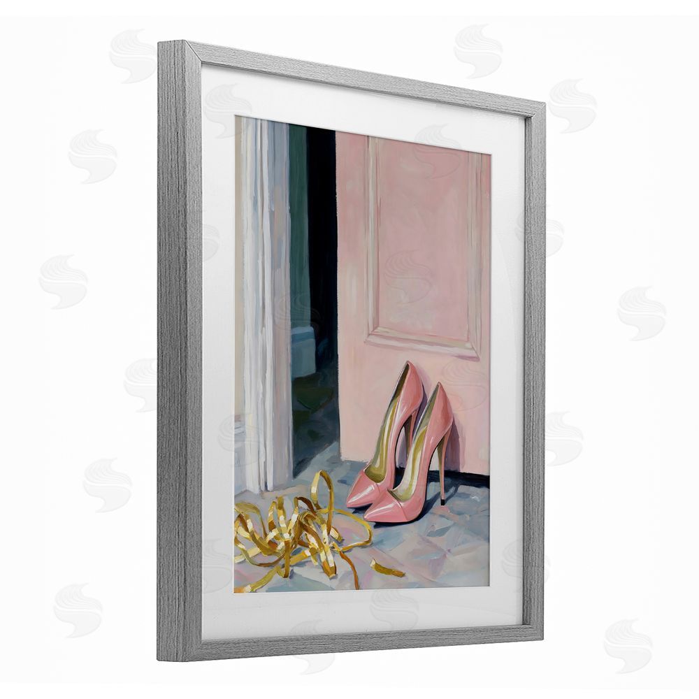 The Prints Vibe Pink High Heels & Tinsel Gray Framed Print Under Glass Wall Art