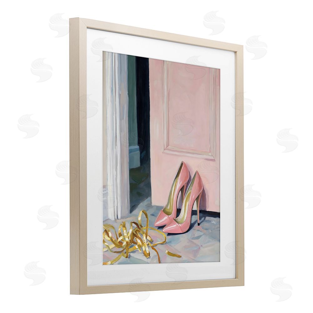 The Prints Vibe Pink High Heels & Tinsel Brown Framed Print Under Glass Wall Art