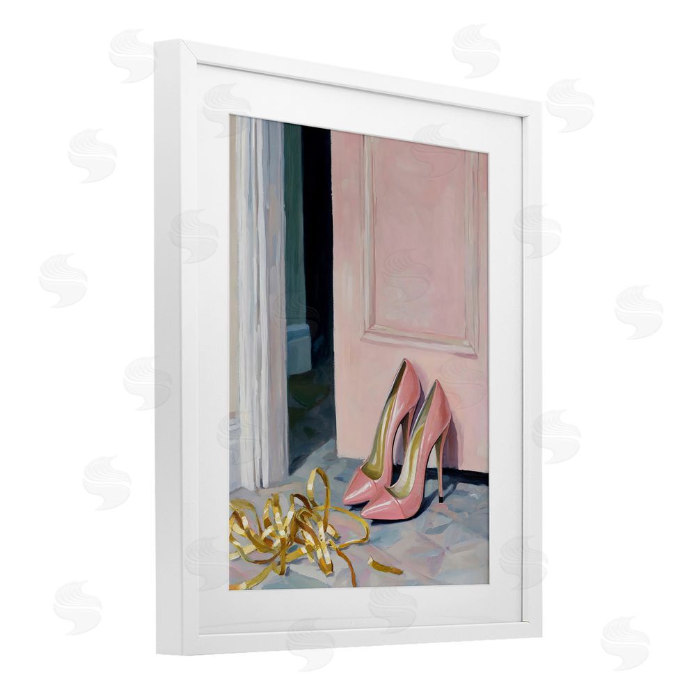 The Prints Vibe Pink High Heels & Tinsel White Framed Print Under Glass Wall Art
