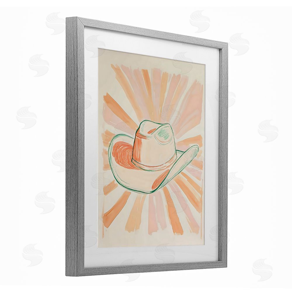 The Prints Vibe Sunburst & Cowboy Hat Gray Framed Print Under Glass with White Mat Wall Art