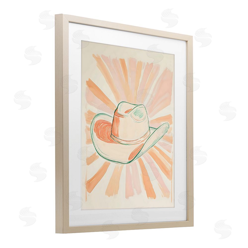 The Prints Vibe Sunburst & Cowboy Hat Brown Framed Print Under Glass with White Mat Wall Art