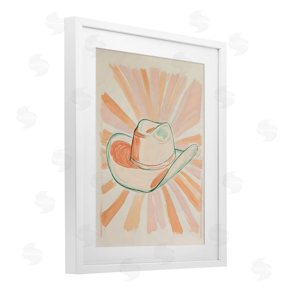 The Prints Vibe Sunburst & Cowboy Hat White Framed Print Under Glass with White Mat Wall Art