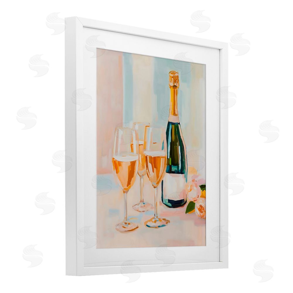 The Prints Vibe Champagne Triple Toast White Framed Print Under Glass with Matting Wall Art