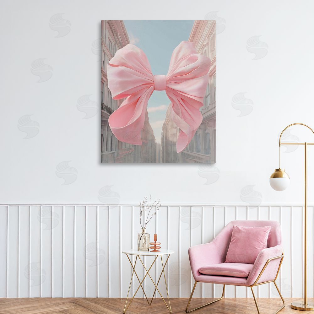 The Prints Vibe Pink Bow over City Street Stretched Canvas Wall Art in Room