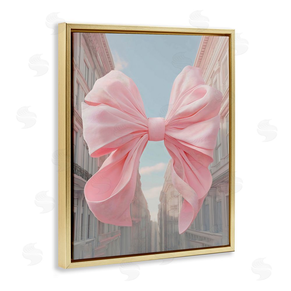The Prints Vibe Pink Bow over City Street Gold Floating Framed Canvas Wall Art