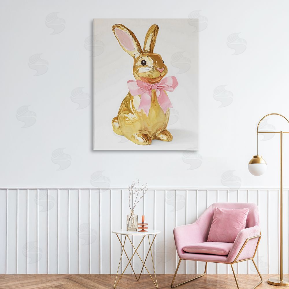 The Prints Vibe Golden Easter Bunny with Ribbon Stretched Canvas Wall Art in Room