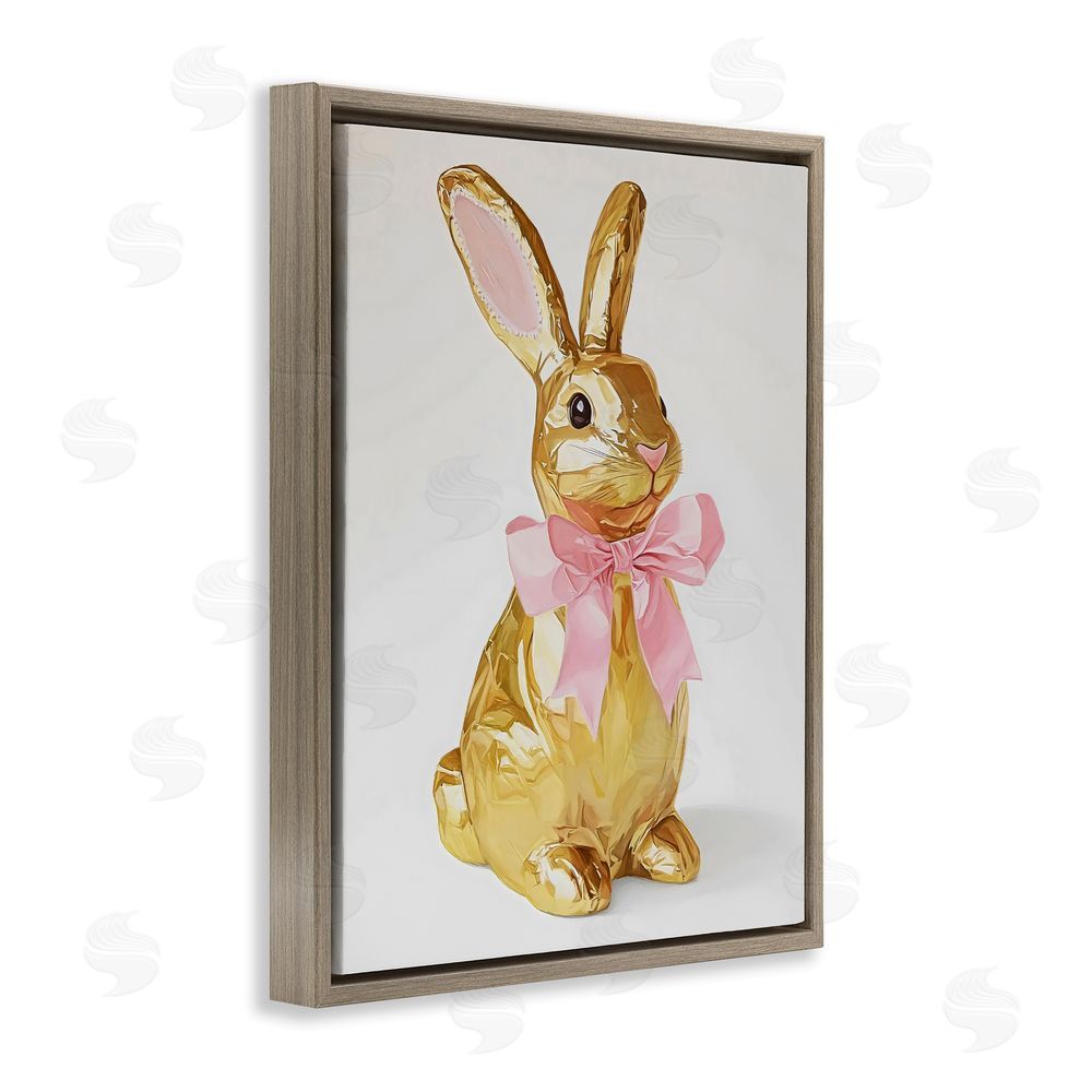 The Prints Vibe Golden Easter Bunny with Ribbon Brown Floating Framed Canvas Wall Art