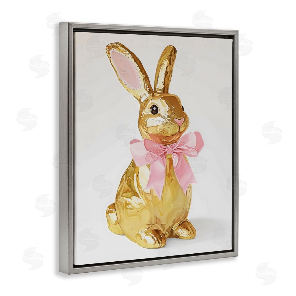 The Prints Vibe Golden Easter Bunny with Ribbon Gray Floating Framed Canvas Wall Art