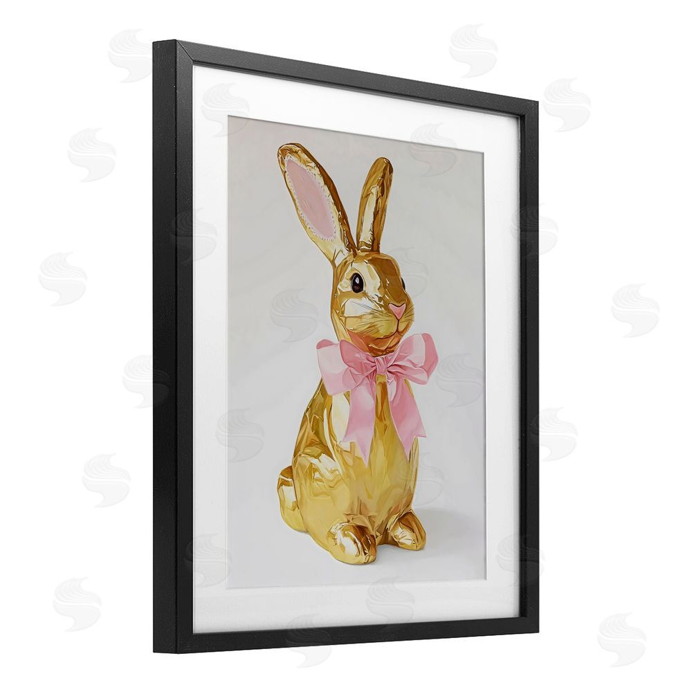 The Prints Vibe Golden Easter Bunny with Ribbon Black Framed Print Under Glass Wall Art