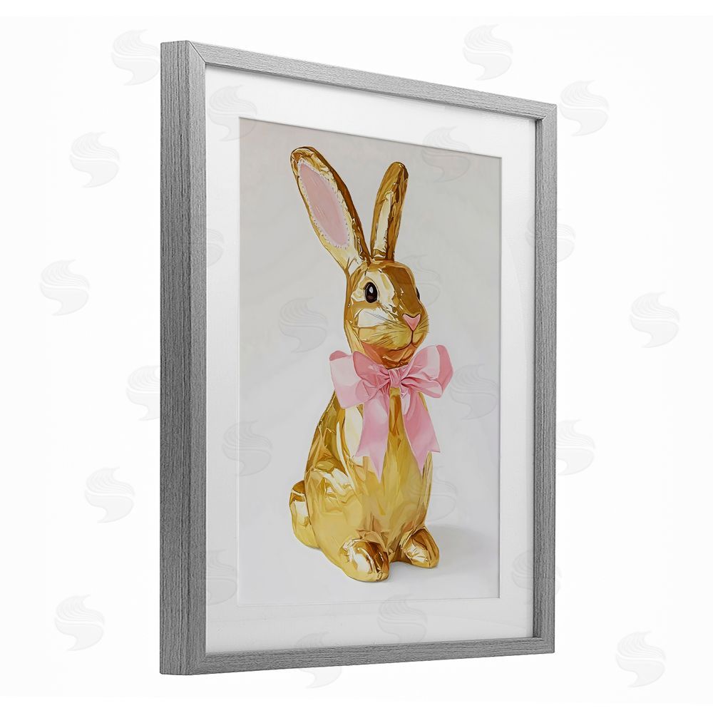 The Prints Vibe Golden Easter Bunny with Ribbon Gray Framed Print Under Glass Wall Art