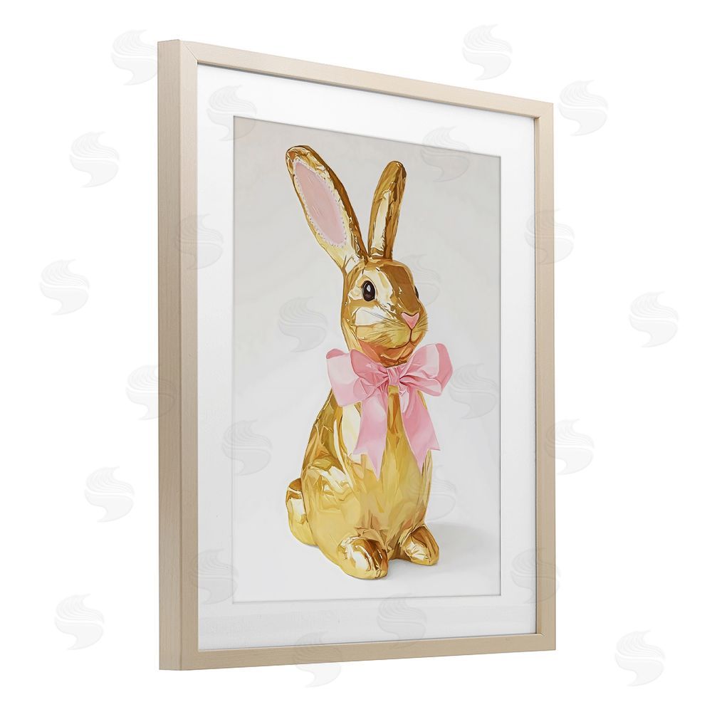 The Prints Vibe Golden Easter Bunny with Ribbon Brown Framed Print Under Glass Wall Art