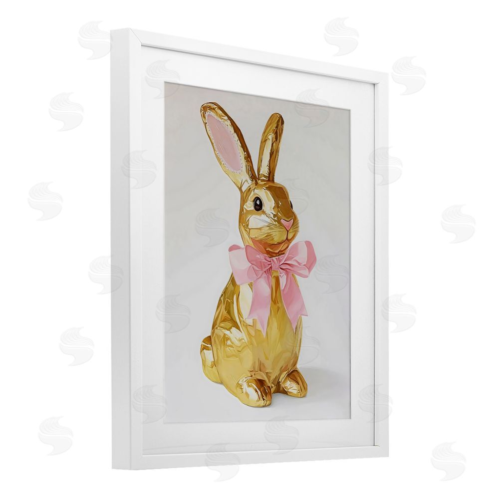 The Prints Vibe Golden Easter Bunny with Ribbon White Framed Print Under Glass Wall Art