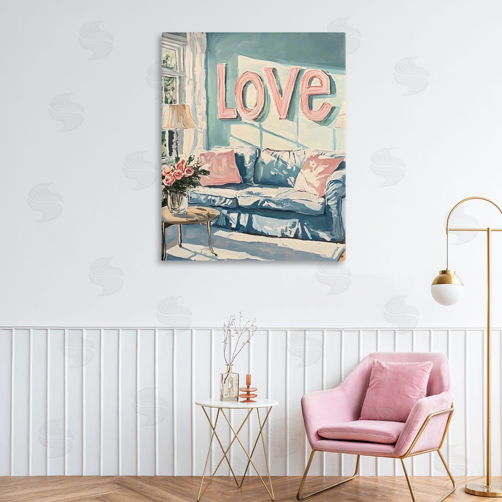 The Prints Vibe Love Letters Above Cozy Couch Stretched Canvas Wall Art in Room