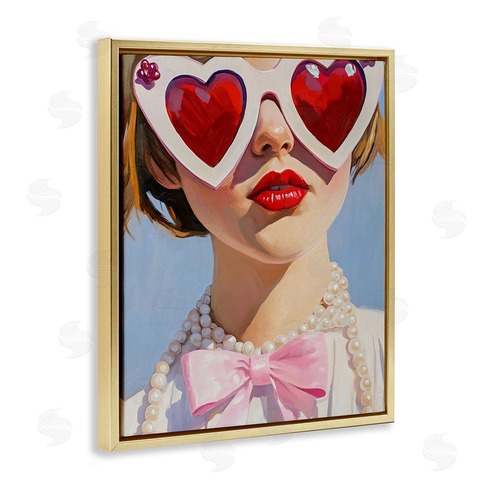 The Prints Vibe Romantic Red Heart Glasses Gold Floating Framed Canvas Wall Art