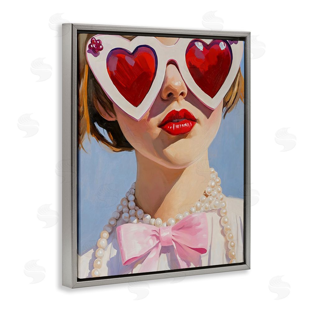 The Prints Vibe Romantic Red Heart Glasses Gray Floating Framed Canvas Wall Art