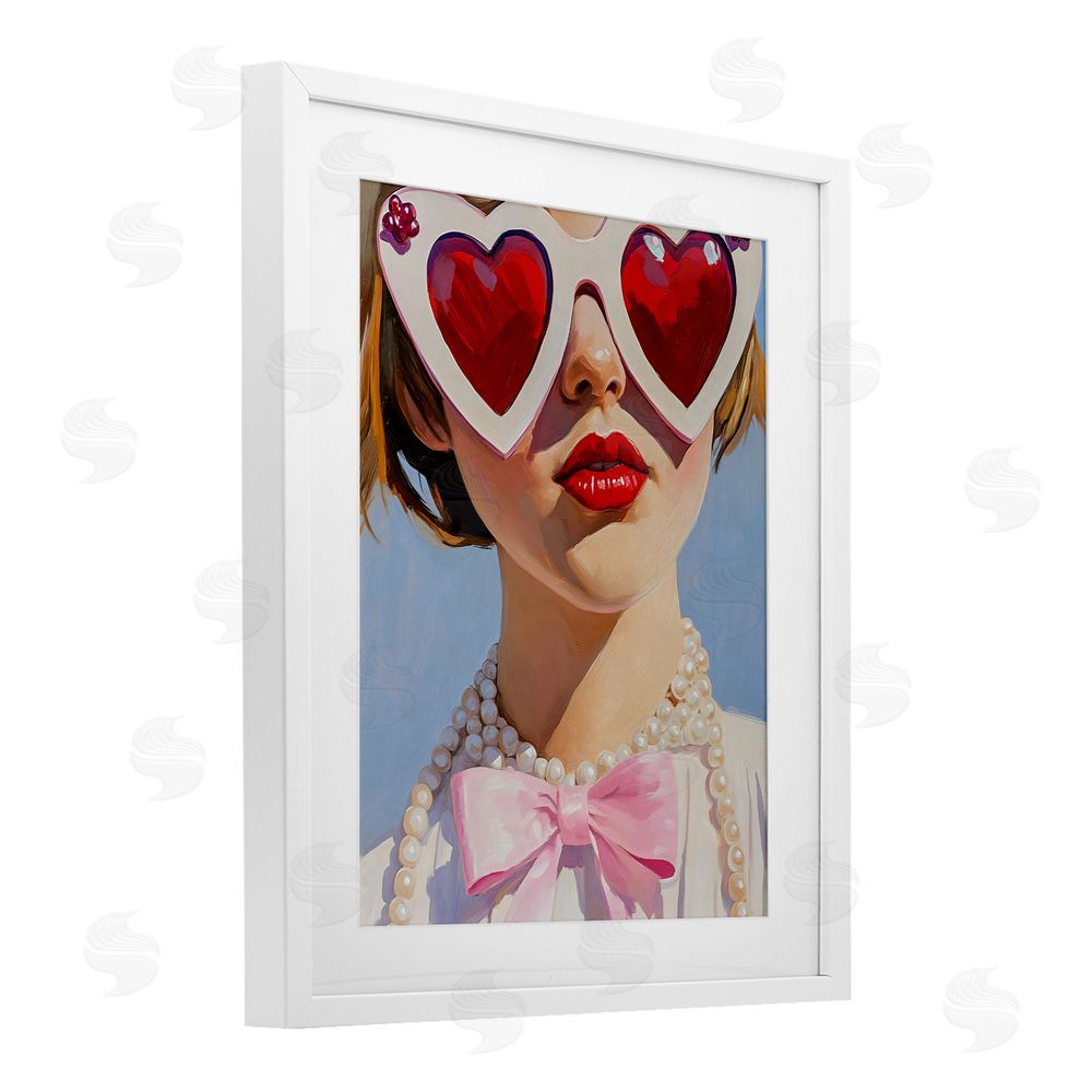 The Prints Vibe Romantic Red Heart Glasses White Framed Print Under Glass Wall Art