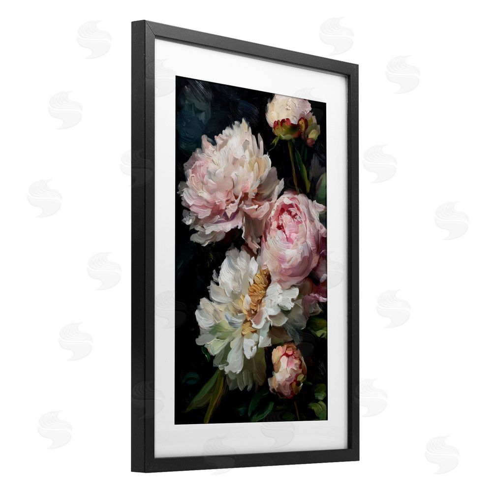 Petal Prints Design Soft And Moody Peonies Black Framed Print Under Glass with White Mat Wall Art