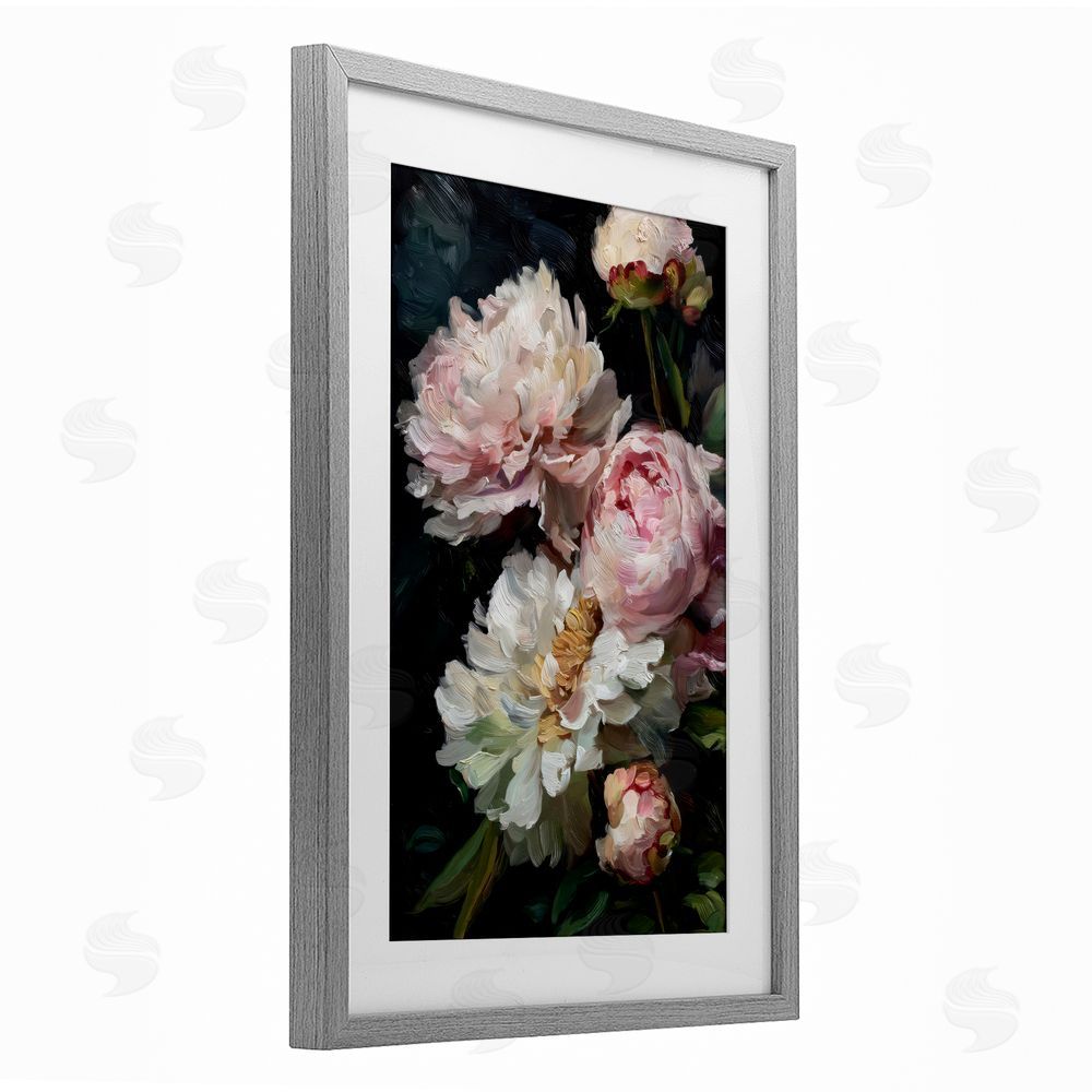 Petal Prints Design Soft And Moody Peonies Gray Framed Print Under Glass with White Mat Wall Art