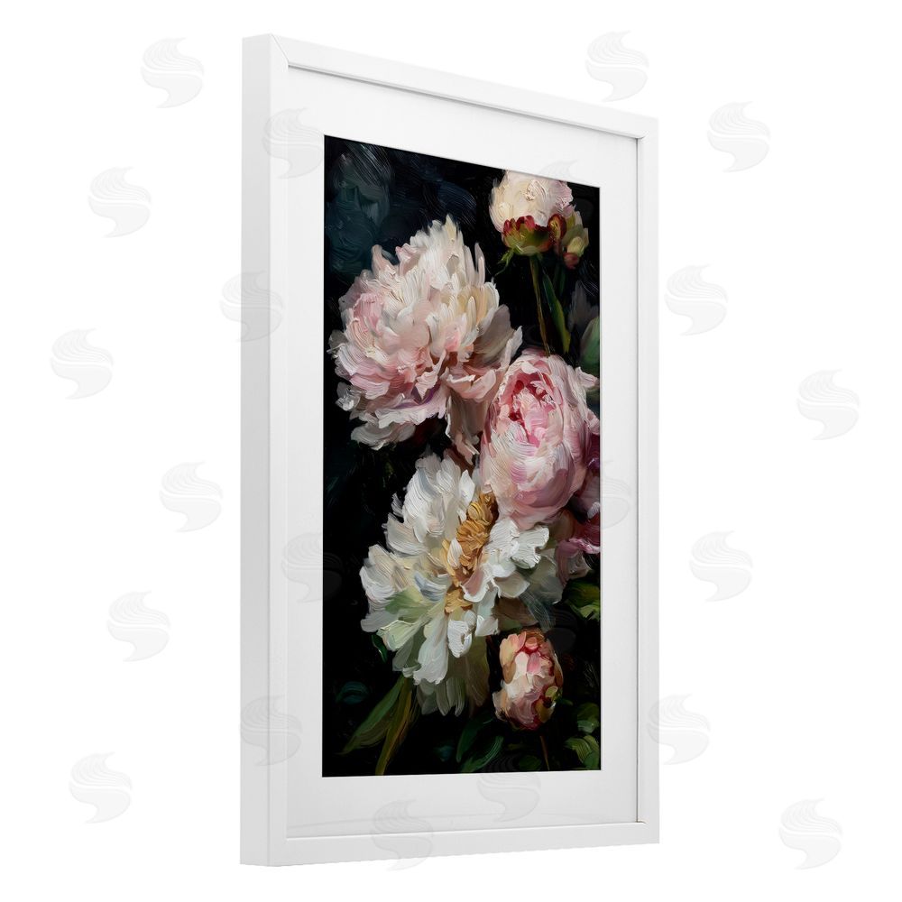 Petal Prints Design Soft And Moody Peonies White Framed Print Under Glass with White Mat Wall Art